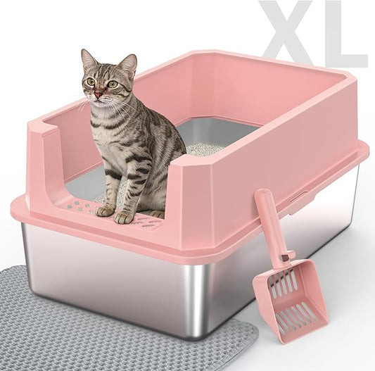 Stainless Steel Litter Box, Extra Large Litter Boxes for Big Cats, XLarge Metal Cat Litter Box with Lid, Anti-Urine Leakage XL Box with High Sides, Easy Clean, Non-Sticky, Scoop Included (Pink, XL)