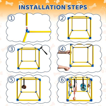Puppy Play Gym with 8 Hanging Toys Indoor Play Gym Interactive Dog Toys for Boredom Enrichment Activity for Small Dog Teething PVC Frame Stretchy Rope with Velcro (19.6 x 19.6 x 19.6 inch)