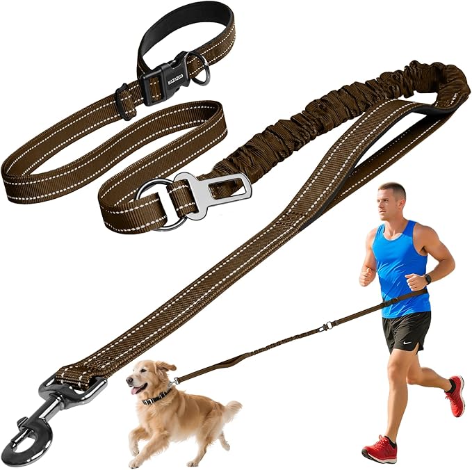 Kazazoo Hands-Free Dog Leash with 6-9FT Adjustable Length - Heavy Duty No Pull Bungee Design, Reflective Safety for Walking, Jogging & Training | Suitable for Medium to Large Dogs Brown L