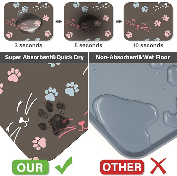 Patterned Cat & Dog Bowl Mat for Food and Water, 12"×20" Quick Dry Absorbent Pet Feeding Mat, Eco-Friendly Dog Placemat