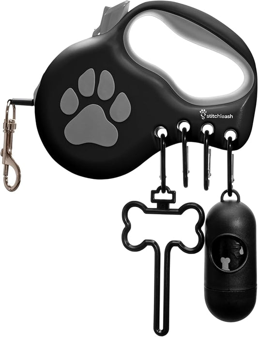 Award-Winning Retractable Dog Leash for Small and Medium Dogs (Max 55 lbs), Clip & Go System with Reflective Tape and Ergonomic Handle, Includes Clips, Poop Bag Holder and Dispenser, Black