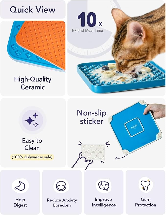LE TAUCI PET Slow Feeder Dog Bowl, 7.5 Inch Lick Mat for Medium and Large Breed, Anxiety Relief Licking Mat, Puzzle Feeder for Peanut Butter, Treats, Pet Enrichment Toys, Set of 2, Blue and Orange