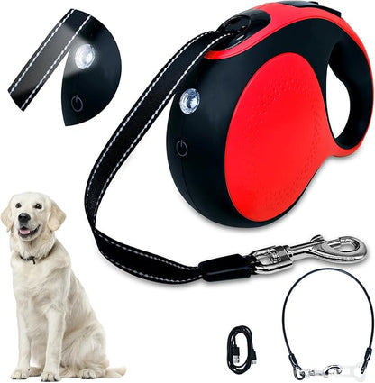 Retractable Dog Leash with chew-Proof Cord and LED Flashlight, 16-ft Heavy-Duty Dog Leash, Suitable for Small/Medium Dogs Weighing up to 110 pounds, Reflective Rope, 360° Anti-tangling.(Red+16Ft+LED)