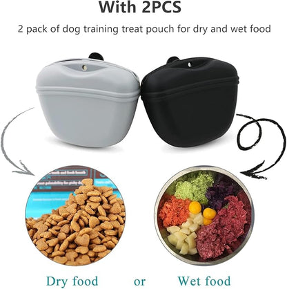 Dog Treat Pouch 2 Pack, Dog Treat Training Pouch, Silicone Pet Treat Bag BPA Free/Clip/Magnetic Dog Walk (Grey & Black & Clickers)