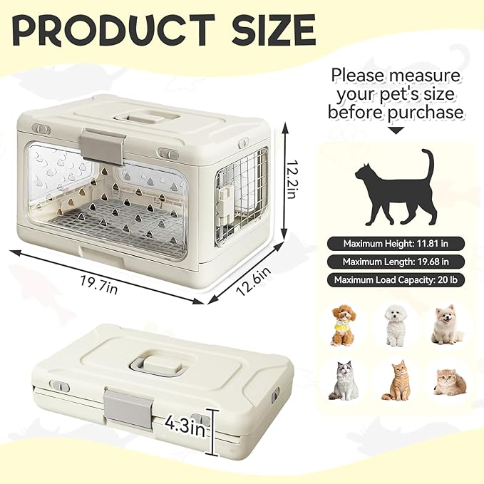 Hard Cat Carrier,Dog Crate for Small Dogs,Cat Kennel Clear,Foldable Dog Kennel with Urine Pad Mesh Grid,Ventilation & Hard Plastic Protection Transparent Pet Carrier 20" L,White