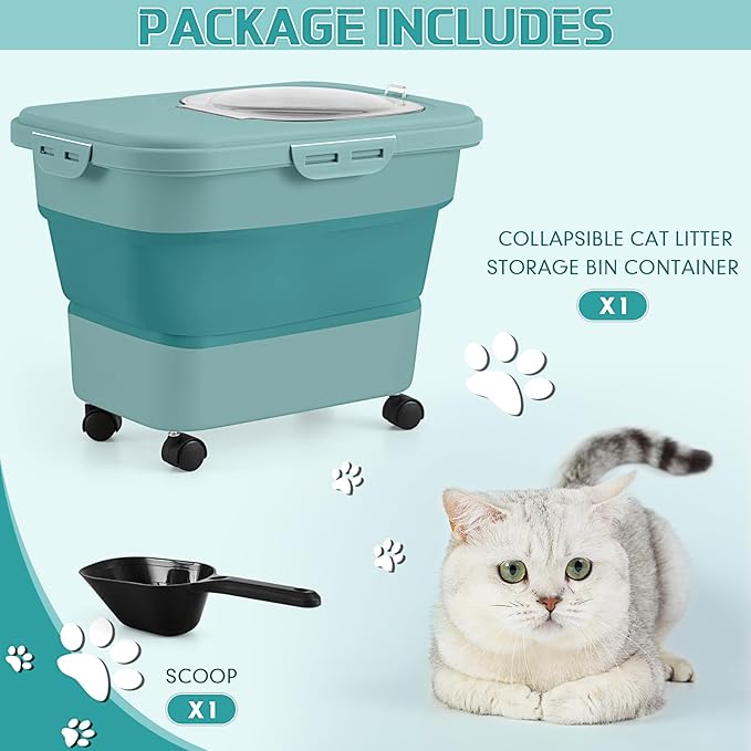 Juexica Collapsible Cat Litter Storage Bin Container with Rolling Casters, 20 Lbs Portable Cat Litter Storage Container with Airtight Lids, Shovel, Kitchen Cereal Rice Leakproof Sealable(Green)