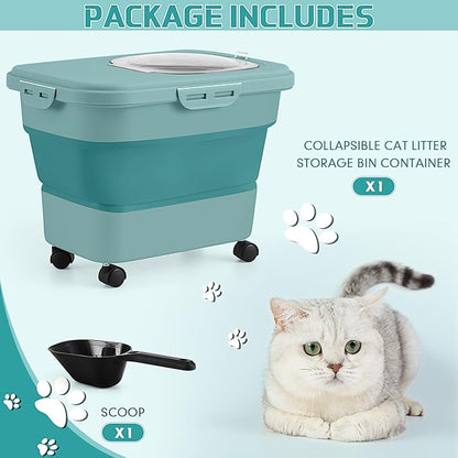 Juexica Collapsible Cat Litter Storage Bin Container with Rolling Casters, 20 Lbs Portable Cat Litter Storage Container with Airtight Lids, Shovel, Kitchen Cereal Rice Leakproof Sealable(Green)