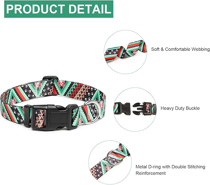 Mercano Adjustable Dog Collar - Special Design Patterns, Soft Nylon Comfortable Durable Pet Collar for Small Medium Large Dogs (S, Ethnic Green)