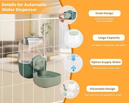 Automatic Replenish Pet Waterer, 1L Capacity Auto Siphon Gravity Cage Hanging Water Dispenser Set for Dog and Cat Small Animals, Removable Pet Water Bottle Water Container (Waterer, Green1)
