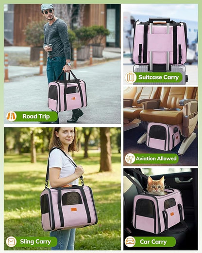 Morpilot Portable Cat Carrier - Soft Cat Carrier for Medium Cats and Puppy up to 15lbs,with Dual-Sided Cushion, Secure Buckle and Foldable Bowl, Dog Carriers for Small Dogs - Pet Carrier (Pink)