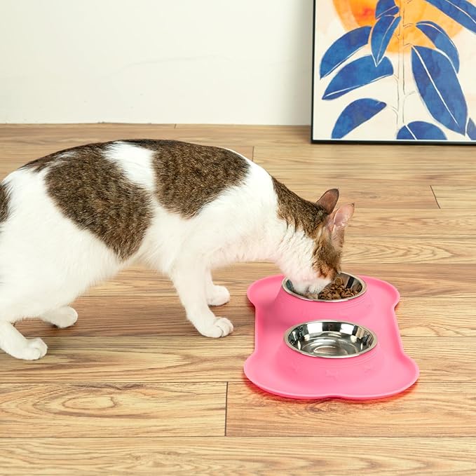 Dog Bowls with Silicone Feeding Mat,No Spill Food Water Dish Set,Dishwasher Safe,2 Stainless Steel Puppy Bowls with Dogs Bandanas,Suitable for Tiny Pets Under 8lbs,Extra Small,Pink