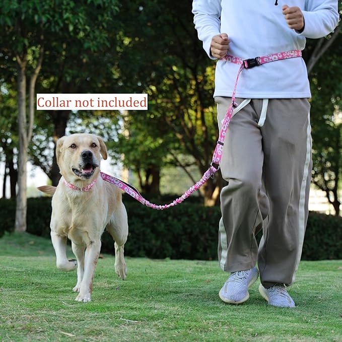 Hands Free Dog Leash, No Pull Bungee Dog Running Waist Leash, with Car Seat Belt, Reflective Stripes, Heavy Duty for Medium and Large Dogs. (Daisy Pink, Large)