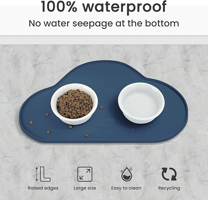 Ptlom Silicone Pet Placemat for Dogs and Cats, Non-Slip Waterproof Dog Feeding Bowl Mats for Food and Water, Small Medium Large Pet Puppy Tray Mat Prevent Residues from Spilling onto The Floor, Navy