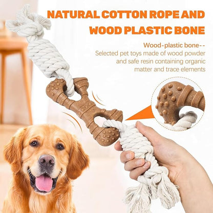 Dog Rope Toy for Aggressive Chewers, Tug and Teething Toy with Natural Cotton Rope and Wood-Plastic Bone, Durable Chew Toy for Medium to Large Dogs 20-60lb