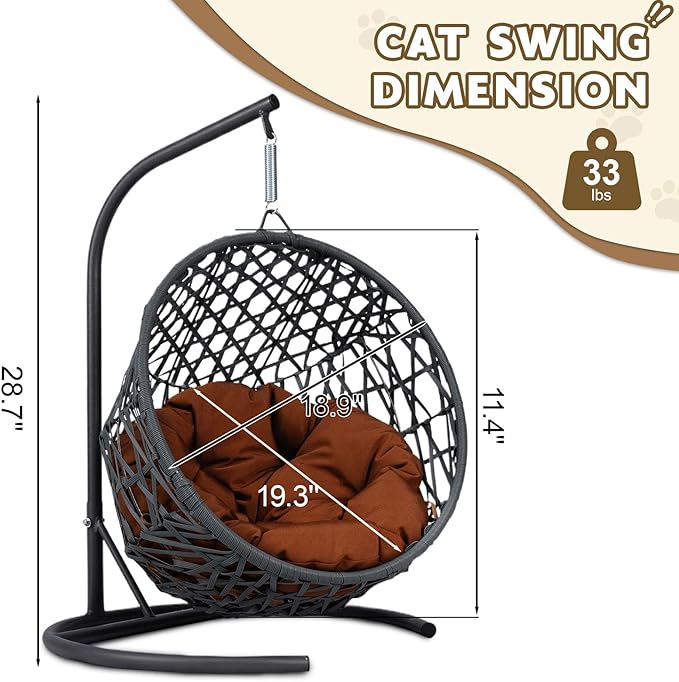 Cat Swing Bed with Stand & Cushion Indoor Outdoor, Cat Egg Chair with Rattan Wicker Appearance, Indoor Hanging Swinging Hammocks Cats Bed for Cat, Dogs, and Small Animals (Brown)