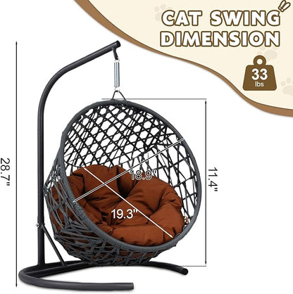 KEIKI Cat Swing Bed with Stand & Soft Cushion, Rattan Wicker Cat Egg Chair, Indoor Cat Hammock, Pet Beds for Cats or Small Dogs, Brown
