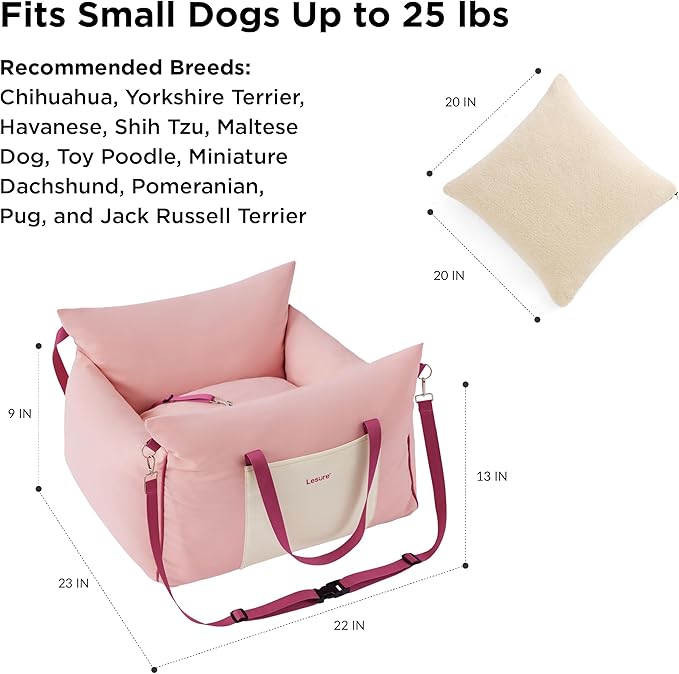 Lesure Small Dog Car Seat for Small Dogs - Soft Dog Booster Seat for Car with Storage Pocket and Clip-On Safety Leash and Thickened Memory Foam Filling, Pet Travel Carrier Bed Strawberry Cream