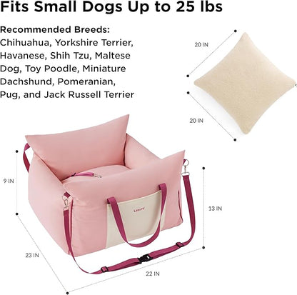 Lesure Small Dog Car Seat for Small Dogs - Soft Dog Booster Seat for Car with Storage Pocket and Clip-On Safety Leash and Thickened Memory Foam Filling, Pet Travel Carrier Bed Strawberry Cream