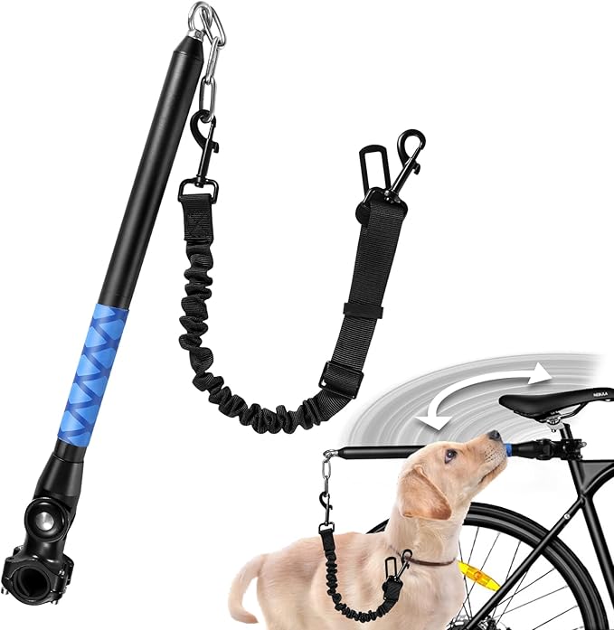 Bicycle Dog Leash for Riding, Hands Free 150° Rotating Built-in Shock Absorber Bike Retractable Leashes for Cycling, Elastic Nylon Adjusted Car Holder Seat Belt Rope (Black)
