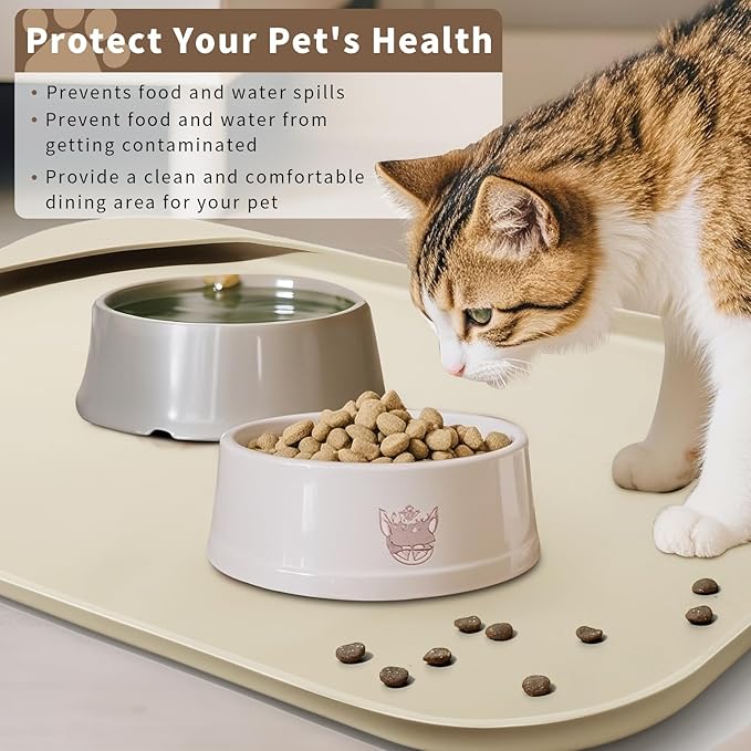 Silicone Pet Food Mat with Raised Edge for Food and Water Bowl, Dog Feeding Mats, Cat Food Trays for Floor Waterproof, Rubber Tray for Dogs and Cats, 24 x 16 x 0.8 Sand White (Yellow Cast)