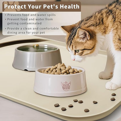 Silicone Pet Food Mat with Raised Edge for Food and Water Bowl, Dog Feeding Mats, Cat Food Trays for Floor Waterproof, Rubber Tray for Dogs and Cats, 19 x 12 x 0.7 Sand White (Yellow Cast)