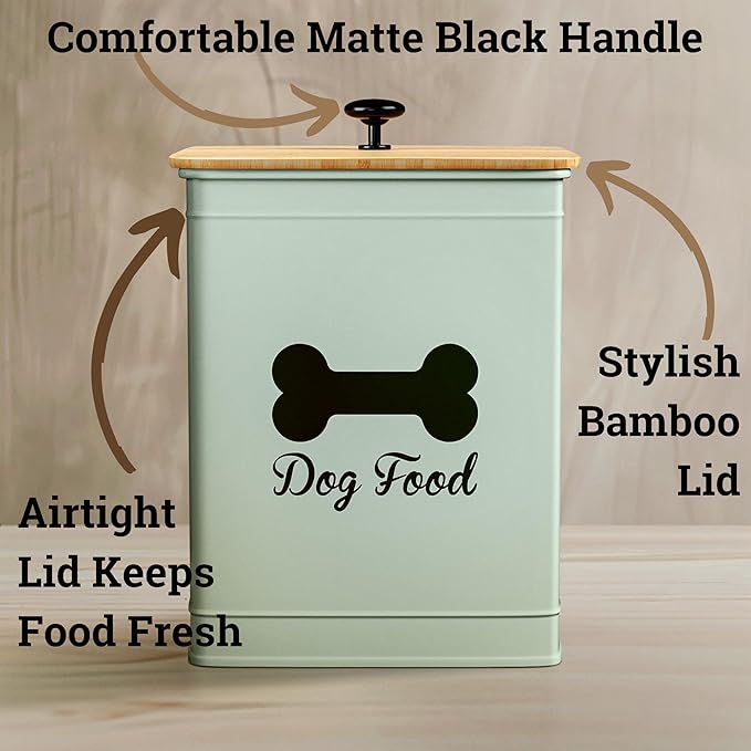 Dog Food Container Airtight 5-7 lb (25 Cup) Capacity - Cute Airtight Dog Food Storage Container with Bamboo Lid & Sturdy Metal Handle - Green Metal Kibble Storage Bin for Dogs up to 50 lbs - Pet Jar