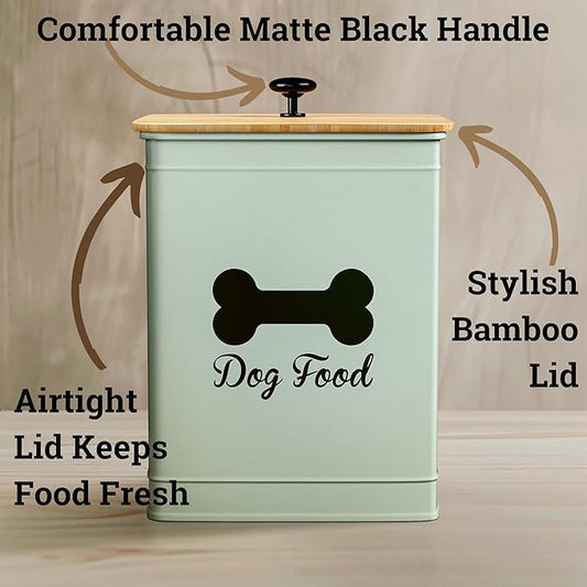 Dog Food Container Airtight 5-7 lb (25 Cup) Capacity - Cute Airtight Dog Food Storage Container with Bamboo Lid & Sturdy Metal Handle - Green Metal Kibble Storage Bin for Dogs up to 50 lbs - Pet Jar