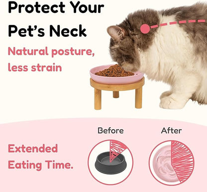 Slow Feeder Bowl, 6.3″ Elevated Cat Bowl with Stand, Melamine Wide Shallow Food Bowl, Whisker-Friendly Raised Plate, Wet Food Feeder for Slow Eating (Pink)