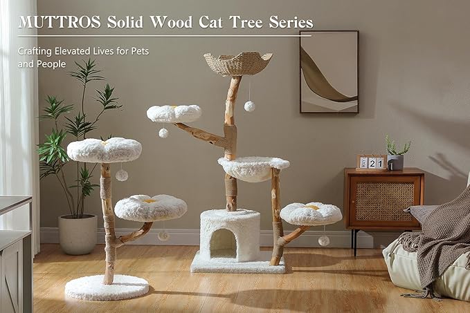 Wood Flower Cat Tree, Modern Cat Tower with Real Wood Branches, Luxury Boho Furniture with Scratching Post and 2 Perches, Cat Climbing Tower for Indoor Cats, Cloud White
