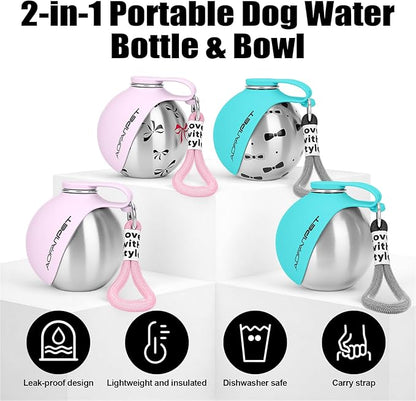 Portable Dog Water Bottle 10oz Stainless Steel Travel Dog Water Dispenser with Bowl No-Spill Puppy Water Bottle for Walking Hiking Small Dog Water Bottle