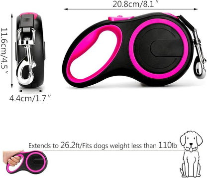 Segarty 26ft Dog Leash Retractable, 8m Dog Leads Long for Medium Large Breed Pets 44-110Lbs, No Tangle Nylon Tape and 1 Button Break & Lock Heavy Duty Leash for Training Running, Pink