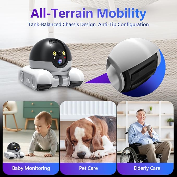 Camera, Mobile Patrol Robot Camera, Wi-Fi Connected Remote Control, Night Vision, Two-Way Audio Talk, Pet Monitoring, Suitable for Elderly/Pets (64GB)