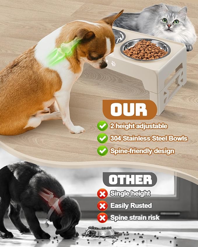 Elevated Dog Bowls for Small Dogs and Cats, Non-Slip Cat Bowls with 2 Thick 5.5" Stainless Steel Dishes, Dog Feeder 2 Heights Adjustable to 2.6"-5.3"
