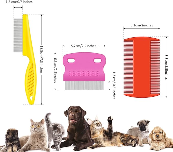 Boao 6 Pack Flea Lice Comb Stainless Steel Dog Cat Grooming Combs with Rounded Teeth, Double Sided Pet Tear Stain Remover Dematting Tool for Pets(White, Yellow, Green, Purple, Orange, Dark Blue)