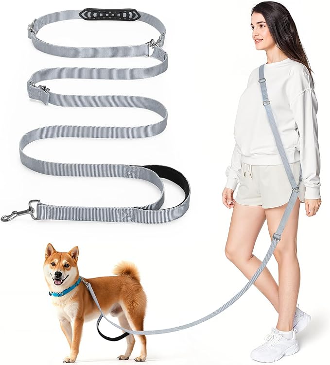 Hands Free Dog Leash, 8.5ft Adjustable Hands Free Leash for Medium Dogs, Versatile Handheld Crossbody Waist Lead with 3 Rings, Easy Adjust for Running Jogging Walking, Sponge Handle, Gray