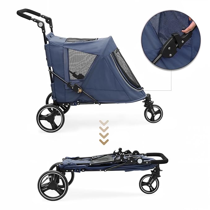 MoNiBloom Pet Stroller for Large Dogs or Multiple Dogs Cats with Adjustable Handle, 3-Wheels Dual Entry Portable Dog Carting Easy Folding Pet Wagon Double Dog Stroller up to 55 lbs, Navy Blue