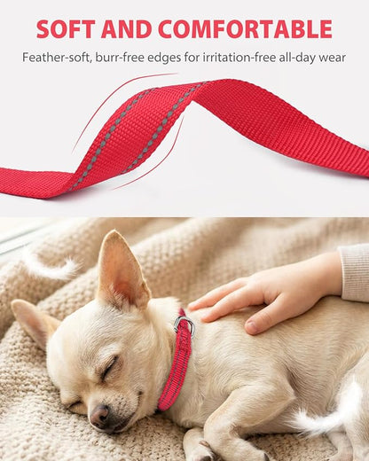 Joytale Puppy Collar, Feather-Light Double-Sided Reflective Nylon Collar for Night Safety, Adjustable Quick-Release for Extra Small Dogs, Red, XS (3/8" Width)