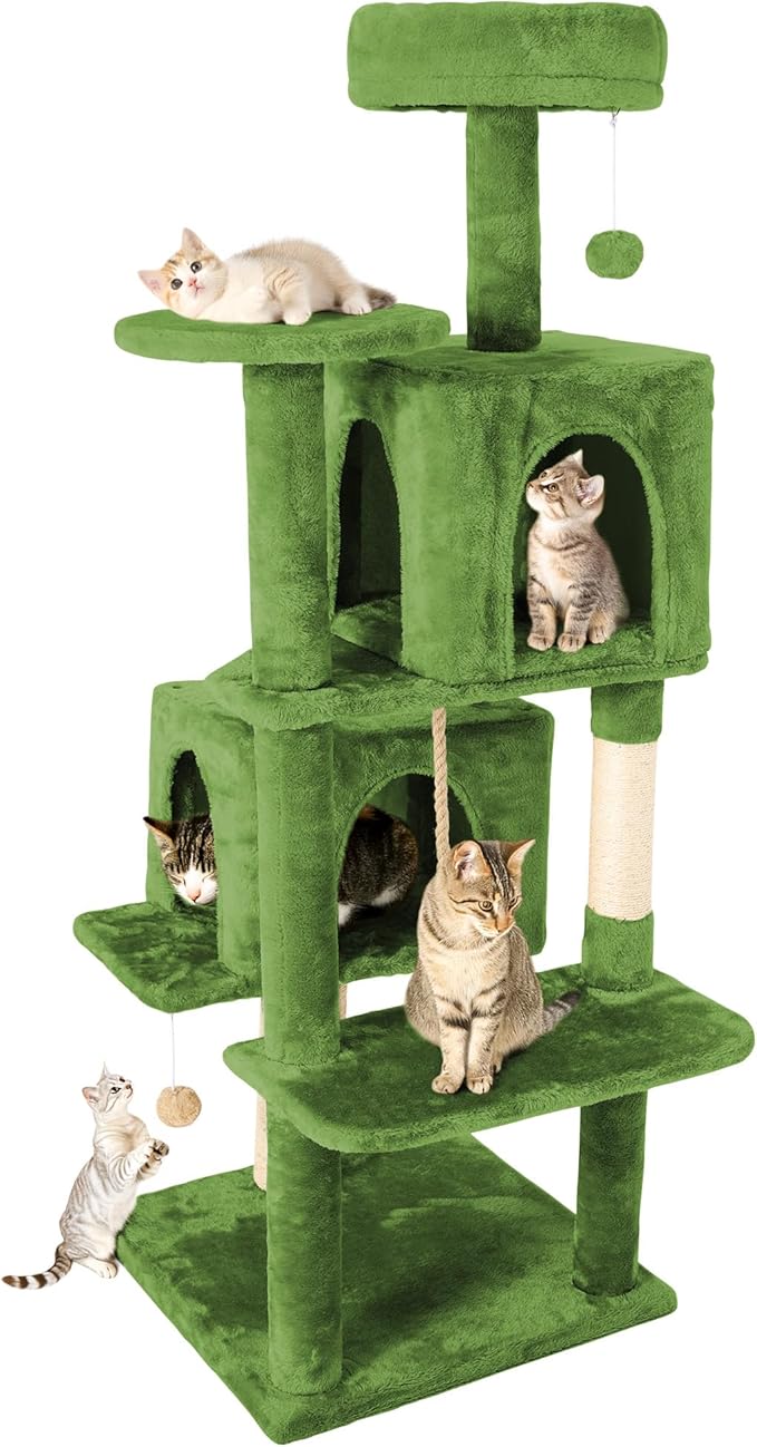 58in Large Cat Tree Tower for Indoor Cats with Soft Plush Hang Ball, Two Condos, Sisal Scratch Posts & Rope Play for Kittens/Adult Cats, Green