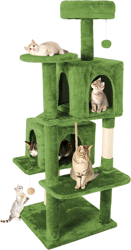 58in Large Cat Tree Tower for Indoor Cats with Soft Plush Hang Ball, Two Condos, Sisal Scratch Posts & Rope Play for Kittens/Adult Cats, Green