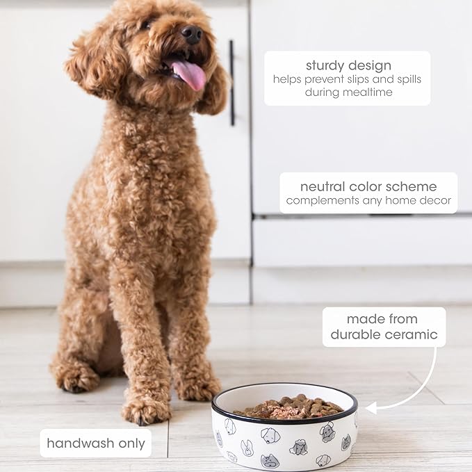 Pearhead Ceramic Dog Faces Dog Bowl, Stoneware Food and Water Dish for Dogs, Heavy Non-Slip Base, Small/Medium 2.25 Cups/ 18 oz