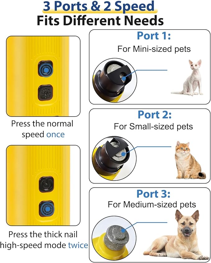 Electric Dog Nail Grinder with 2 Level LED Lights, 2 Speed Super Quiet and Low Vibration Electric Cat Nail Grinder - Rechargeable Pet Nail Grinder for Small Dogs Cats - Yellow