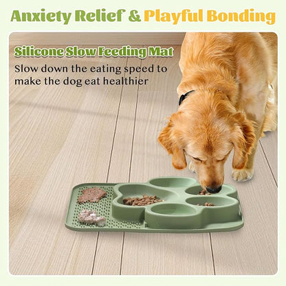 Silicone Slow Feeder Dog Bowls & Cat Bowls, 2 Cups Small Pet Food Bowl with Non-Slip Suction Base, Food-Grade Safe Puzzle Feeder for Small & Medium Dogs & Indoor Cats (Paw Lick Mat (Green))