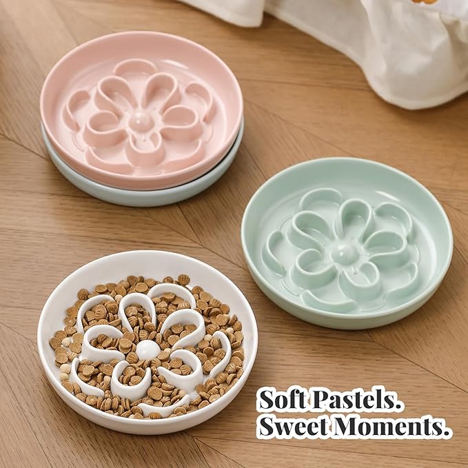 Melamine Cat Slow Feeder Bowl Set - Floral Maze Food Dishes for Cats and Small Dogs - Shallow Wide Plates for Dry & Wet Food - 3 Pack - White & Pink & Blue