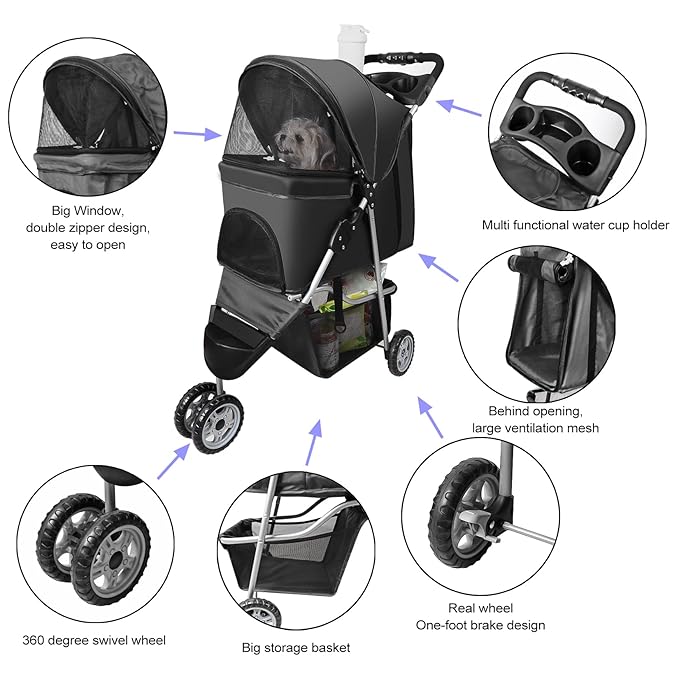 Pet Strollers for Small Medium Dogs & Cats, 3-Wheel Dog Stroller Folding Flexible Easy to Carry for Jogger Jogging Walking Travel with Sun Shade Cup Holder Mesh Window (Black)