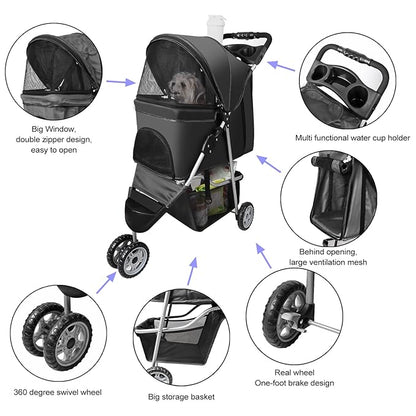 Pet Strollers for Small Medium Dogs & Cats, 3-Wheel Dog Stroller Folding Flexible Easy to Carry for Jogger Jogging Walking Travel with Sun Shade Cup Holder Mesh Window (Black)
