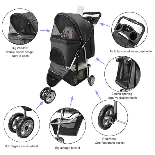 Pet Strollers for Small Medium Dogs & Cats, 3-Wheel Dog Stroller Folding Flexible Easy to Carry for Jogger Jogging Walking Travel with Sun Shade Cup Holder Mesh Window (Black)