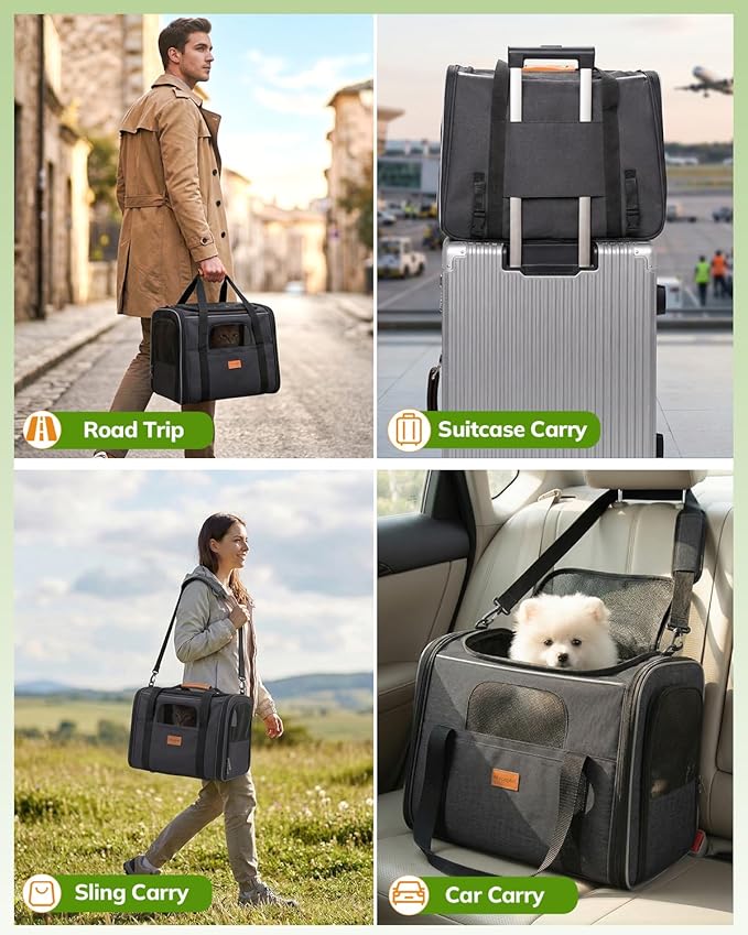 Morpilot Pet Carrier for Large Cats, Puppies & Small DogsUp to 25lbs, Escape-Proof with Locking Zippers, Dual-Sided Cushion, Safety Buckle for Car & Vet Travel, Includes Foldable Bowl (Dark Gray)