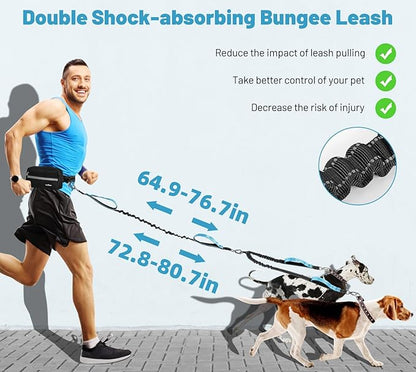 Hands Free Dog Leash for 2 Dogs with Pouch, Waist Leash for Dog Walking, Jogging, Hiking, Retractable Leashes with Dual Padded Handles, Adjustable Reflective Belt for Small, Medium, Large Dogs