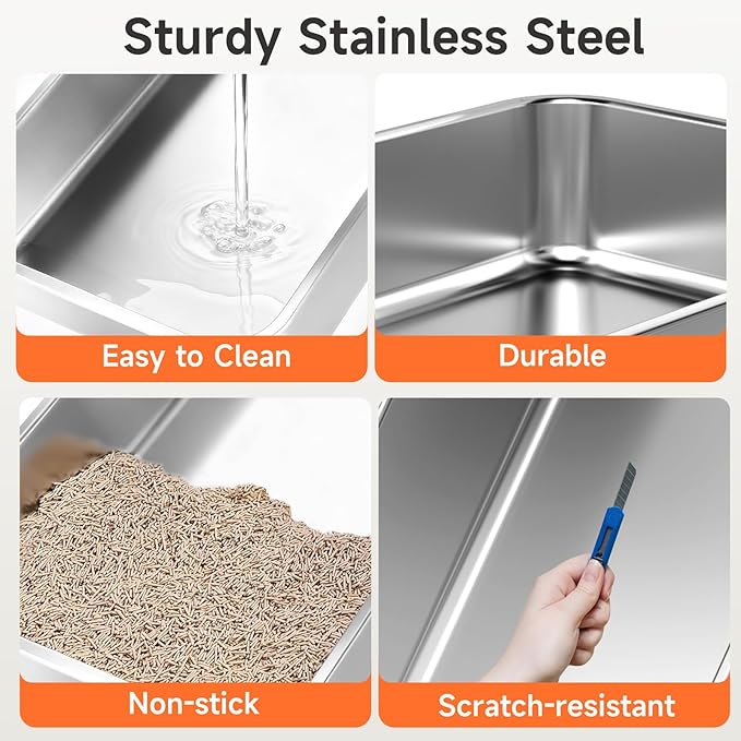 Stainless Steel Cat Litter Box, Odor Free Metal Litter Box with High Sides Lid, Open Top Low Entry Litter Pan Include Scoop Easy Cleaning Anti-Scratch Kitty Cat Box Anti-Urine Leakage, Non-Sticky
