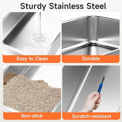 Stainless Steel Cat Litter Box, Odor Free Metal Litter Box with High Sides Lid, Open Top Low Entry Litter Pan Include Scoop Easy Cleaning Anti-Scratch Kitty Cat Box Anti-Urine Leakage, Non-Sticky